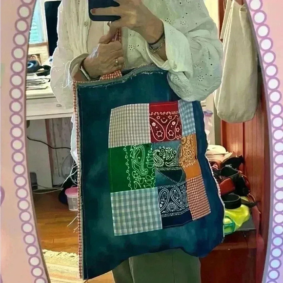 Handmade Boho Bandana Patchwork Denim tote bag - Picture 14 of 14